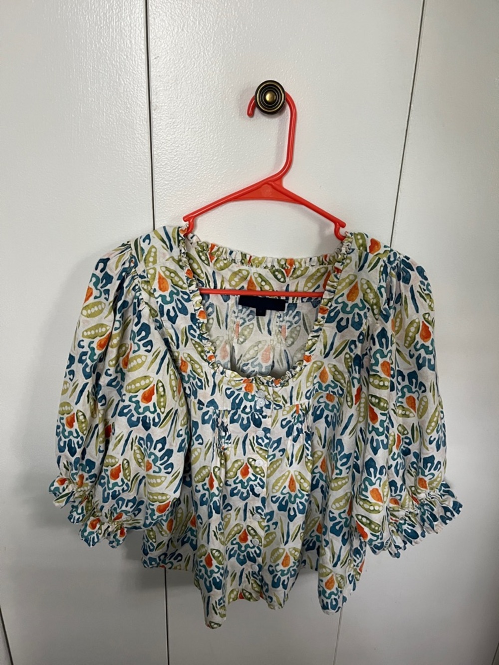Women’s Printed Puff-Sleeve Peasant Top in Teal & Olive